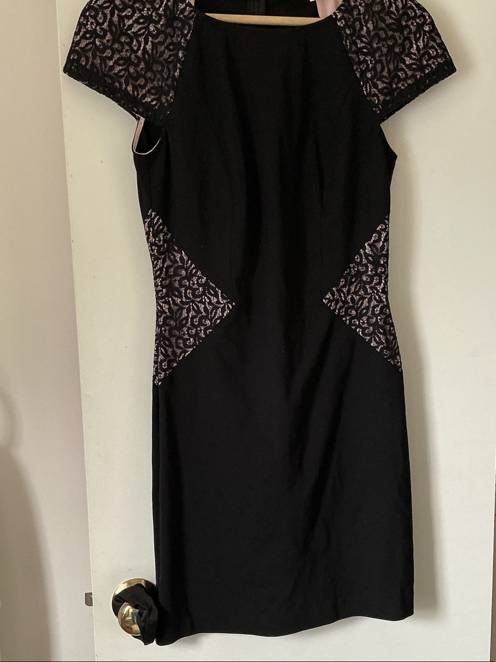 ERIN FETHERSION Black Midi Sheath Dress with Rose Metallic Lace Insets